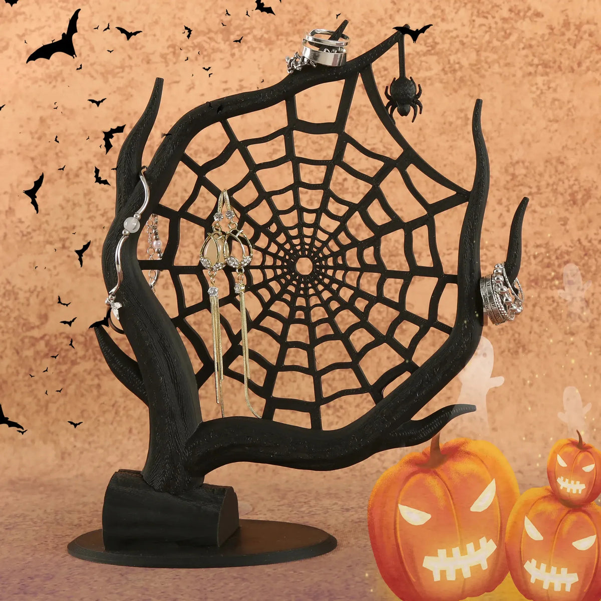 Gothic Spiderweb Jewelry Holder – Black Tree-Shaped Jewelry Display Stand for Halloween