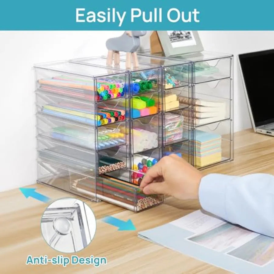16-Drawer Clear Acrylic Organizer (4-Piece Set) Desk Storage Solution for Office Supplies, Makeup, and Jewelry Organization
