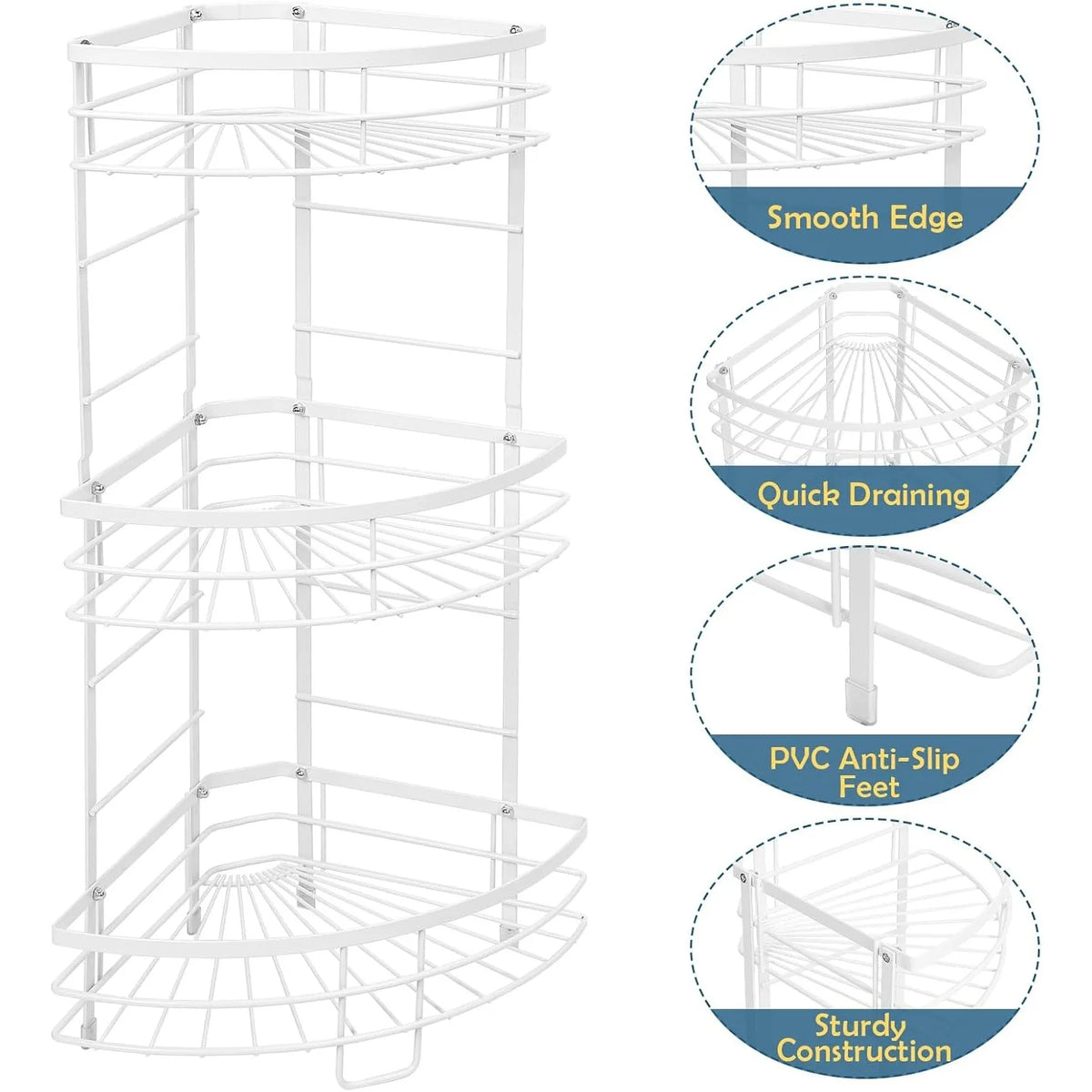 3-Tier Metal Corner Shelf for Bathroom Kitchen Storage (White)