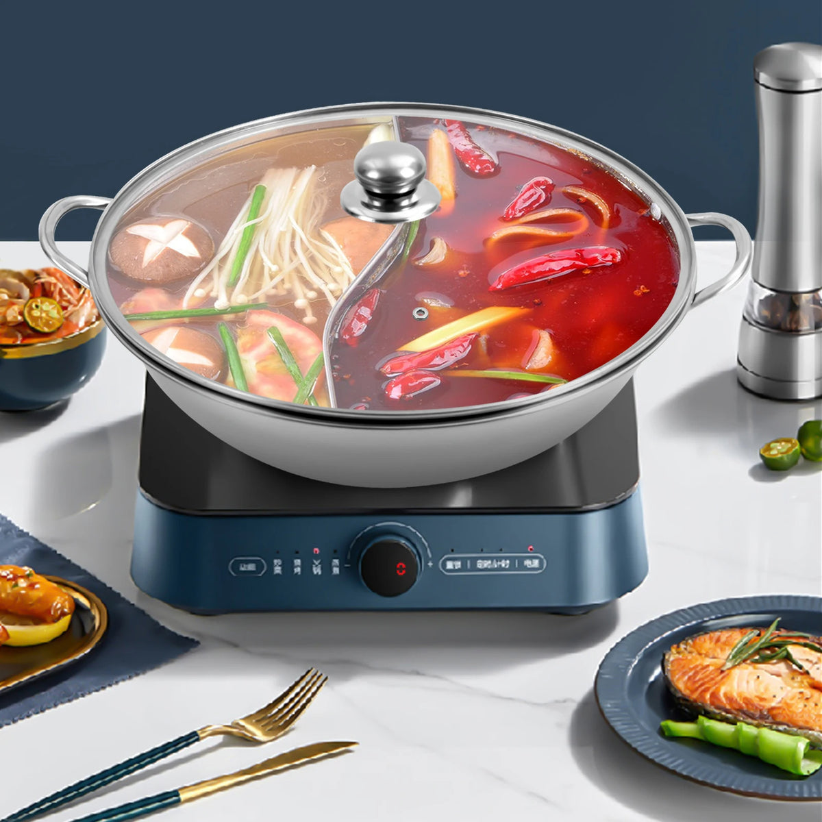 Stainless Steel Shabu-Shabu Hot Pot with Divider Glass Lid