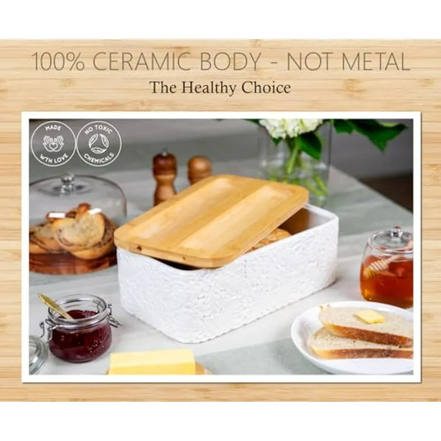 Ceramic Bread Box Storage Container with Thick Bamboo Cutting Board Lid for Kitchen Countertop
