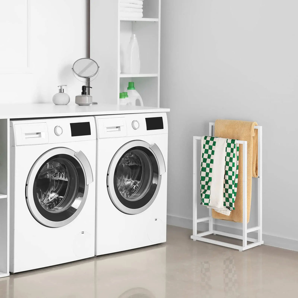 Freestanding Metal Towel Rack 2-Tier for Bathroom Laundry (White)