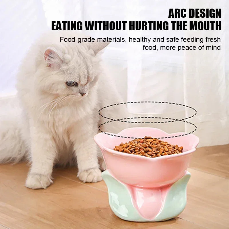 Raised Ceramic Cat Bowl Flower Pet Feeder for Small Dogs (Blue)