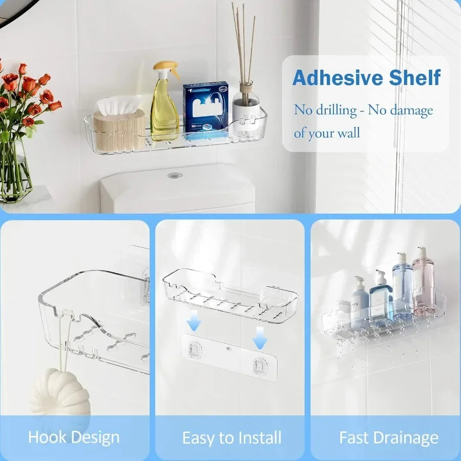Acrylic Wall Mounted Shower Caddy No-Drill Adhesive Bathroom Shelf Organizer