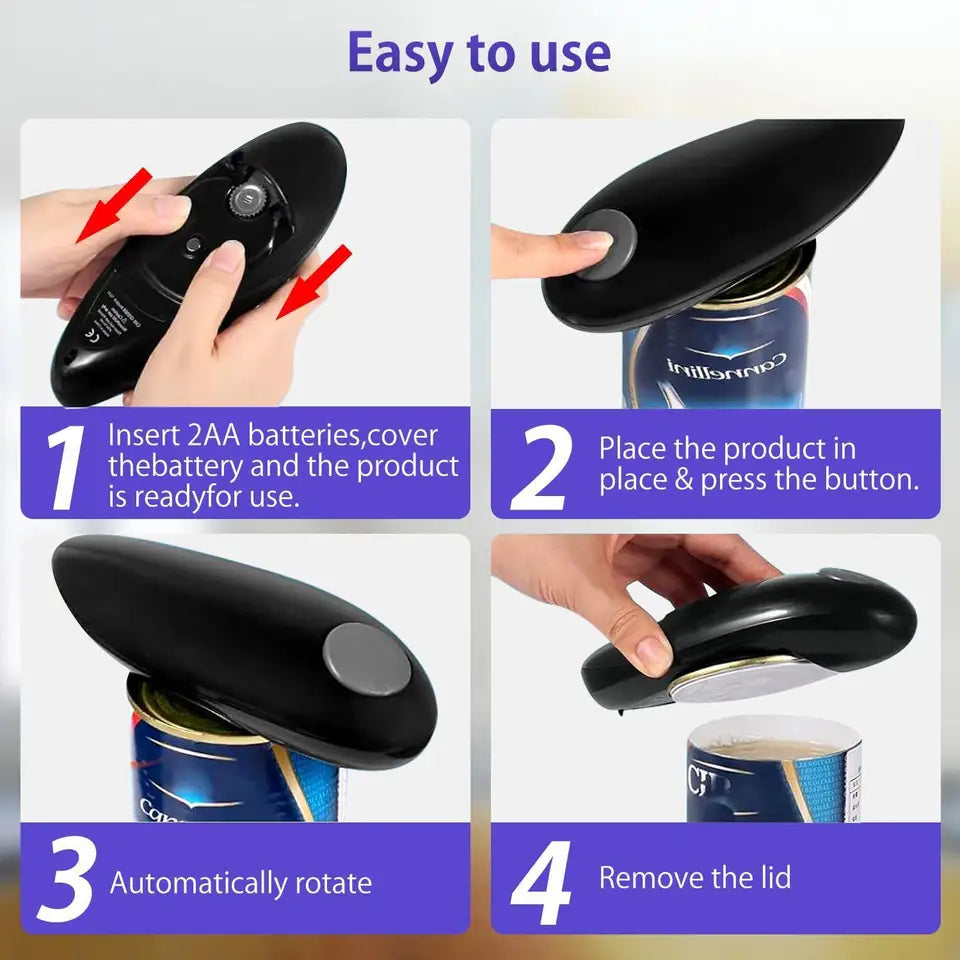 Cordless Electric Can Opener – Battery-Powered Kitchen Tool for Easy Opening, Home &amp; Camping (Black)