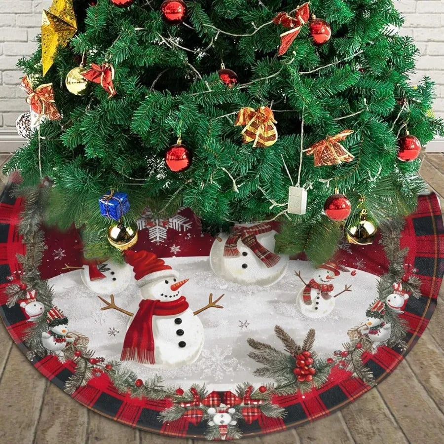 Snowman Christmas Tree Skirt 36 Inch – Farmhouse Style Holiday Decoration with Snowflake and Berry Design