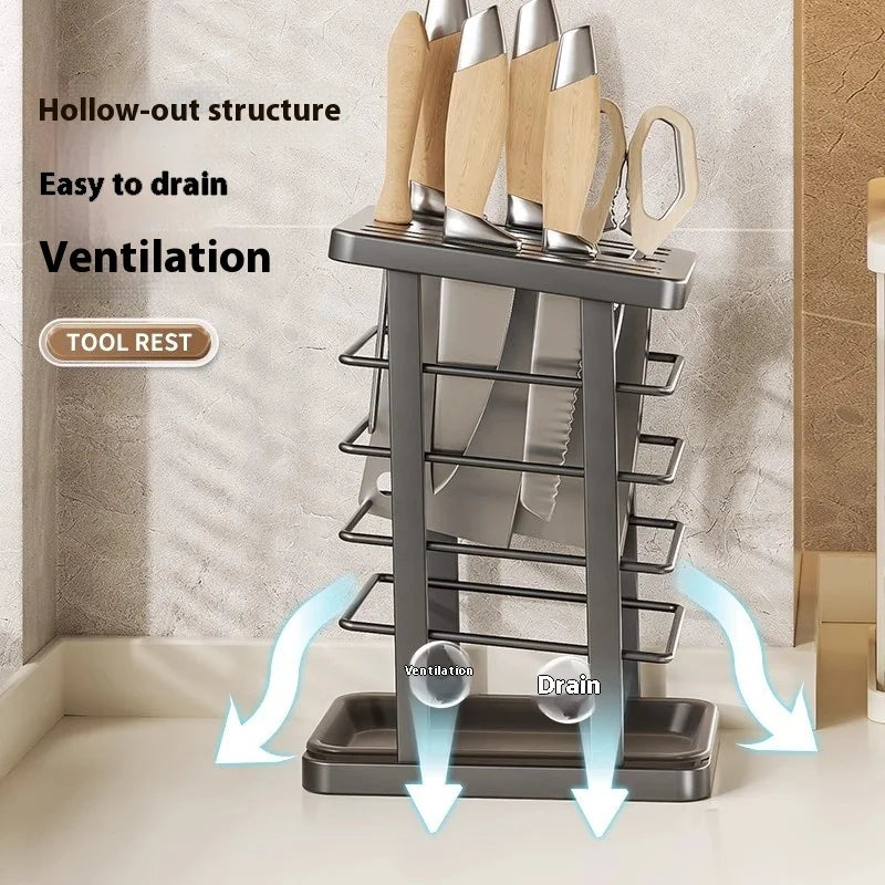 Multifunctional Countertop Kitchen Knife Block and Storage Rack (Grey)