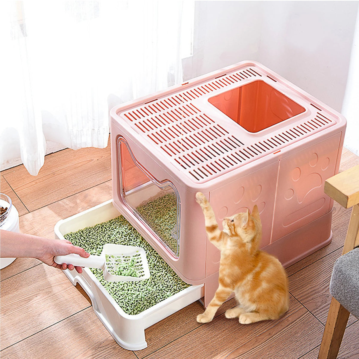 Enclosed Cat Litter Box Large Foldable Self-Cleaning Kitty Toilet with Scoop