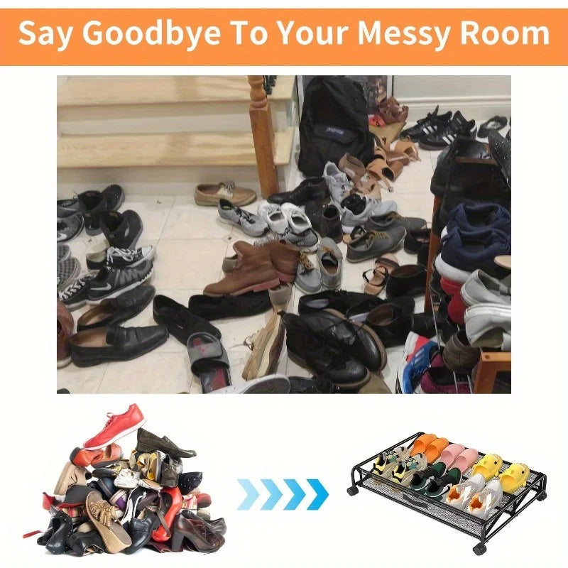 Underbed Shoe Storage Organizer Cabinet with Wheels and Breathable Mesh for Home Dorm