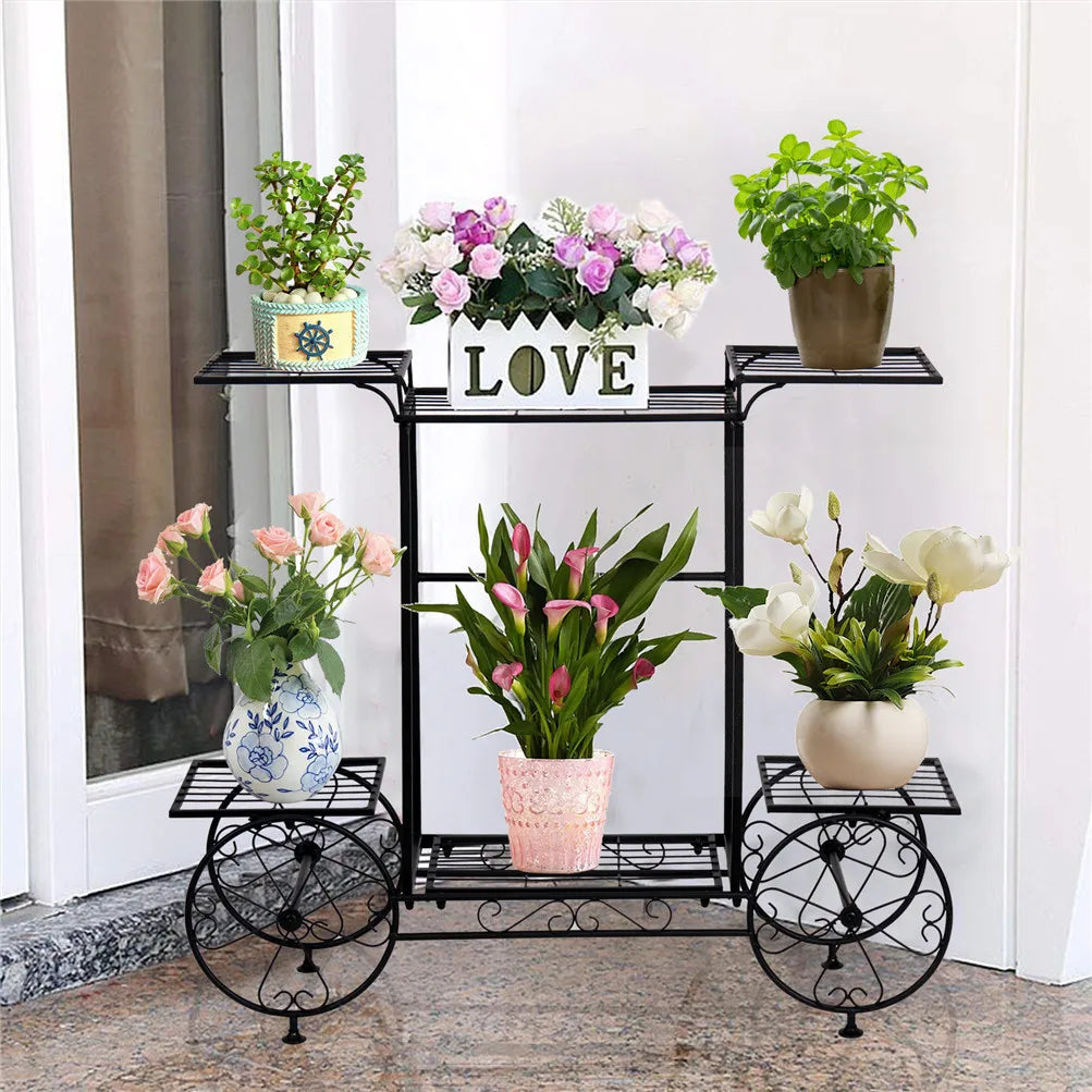Wrought Iron 6 Tier Garden Cart Plant Stand (Black)