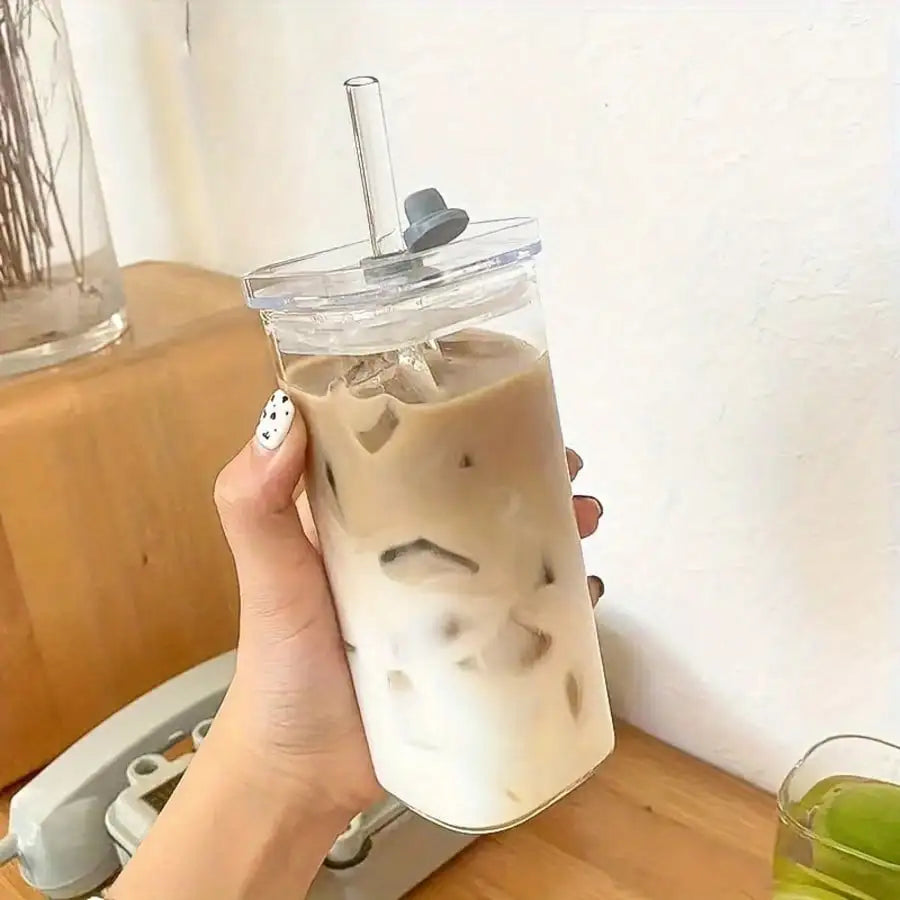 Square Glass Cups with Lids and Straws 6-Pack 13 oz – Reusable Iced Coffee Tumblers with Cleaning Brush for Smoothies, Boba Tea, Home, Office &amp; Travel