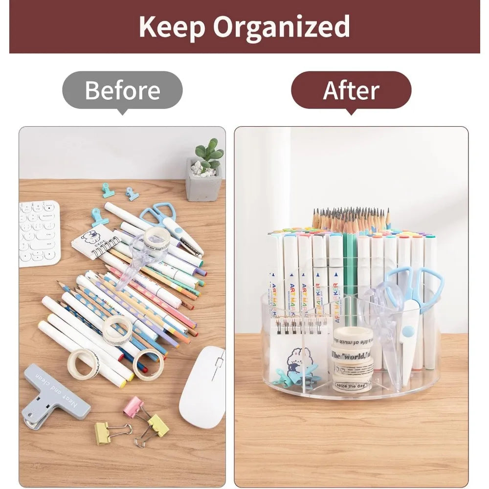Acrylic Pen Holder &amp; Pencil Organizer 360 Degree Rotating Desk Organizer with Multiple Compartments for Markers Crayons &amp; Kids Desks