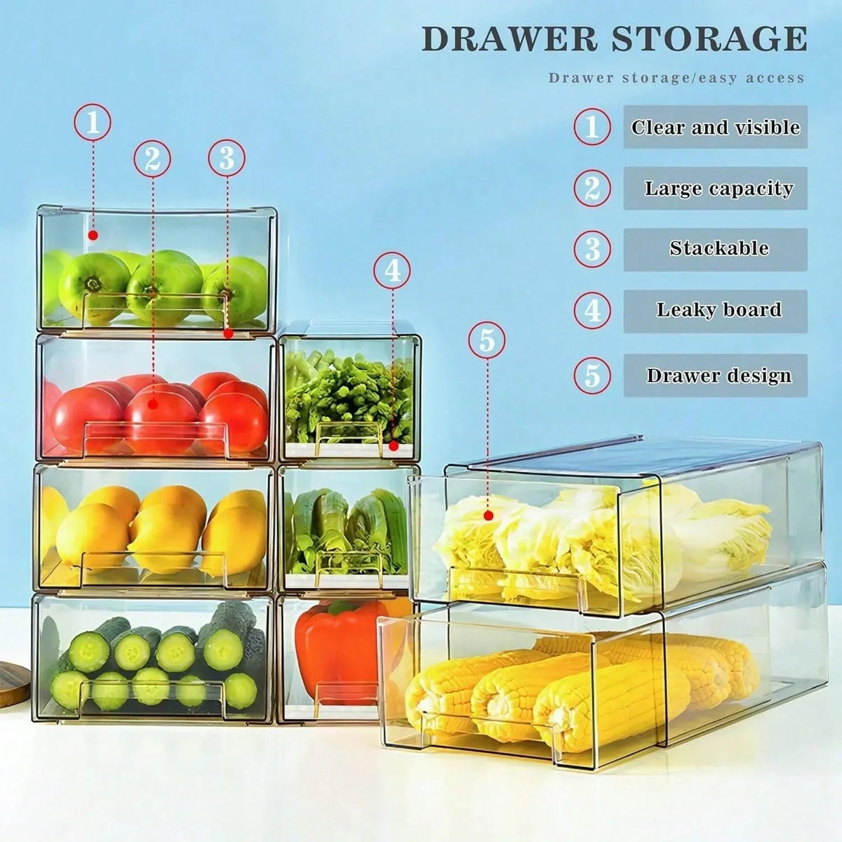 Clear Fridge Drawers Pull-Out Stackable Refrigerator Organizer 2-Pack