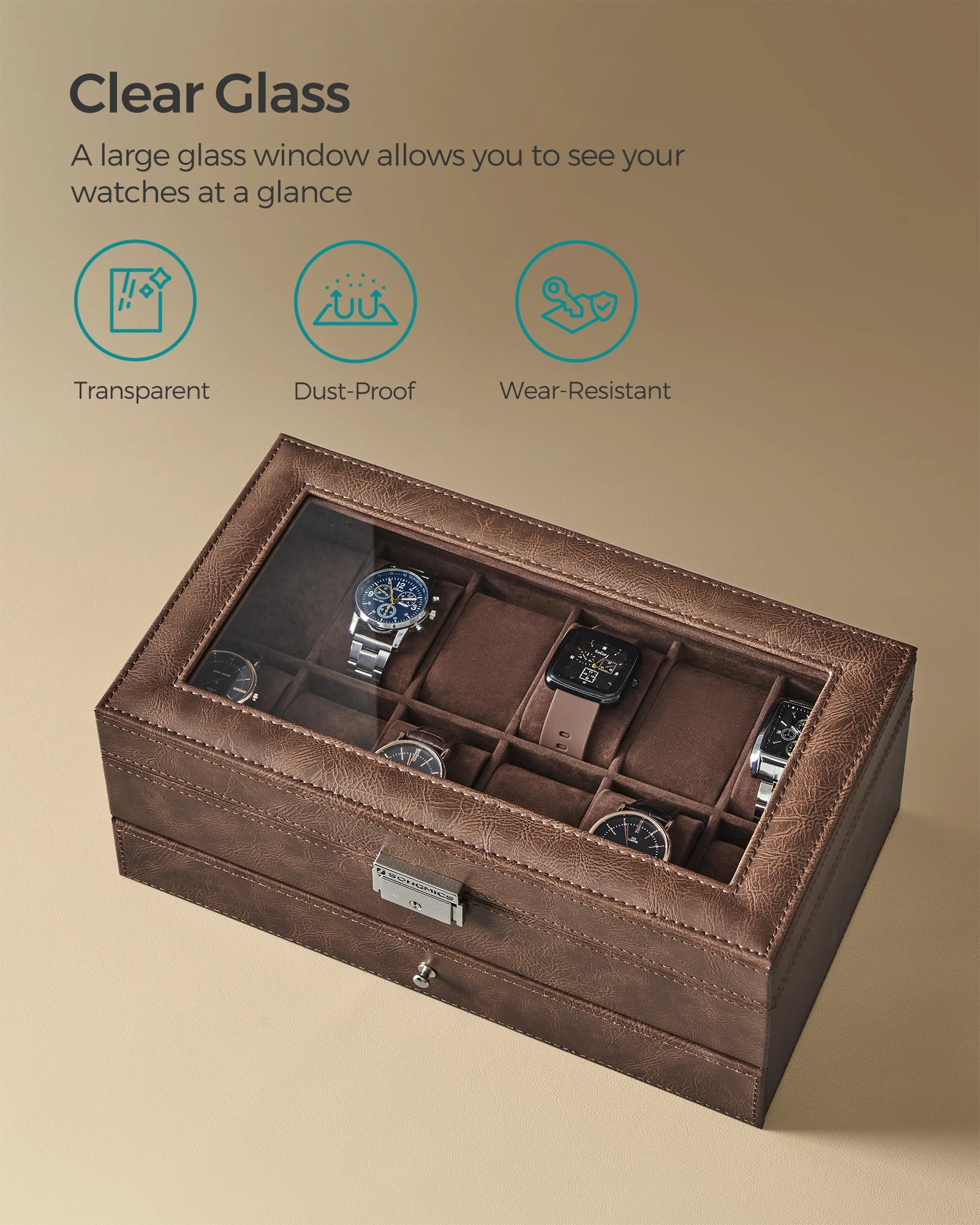 Lockable 12-Watch Display Case Dual-Layer Box Storage (Brown)