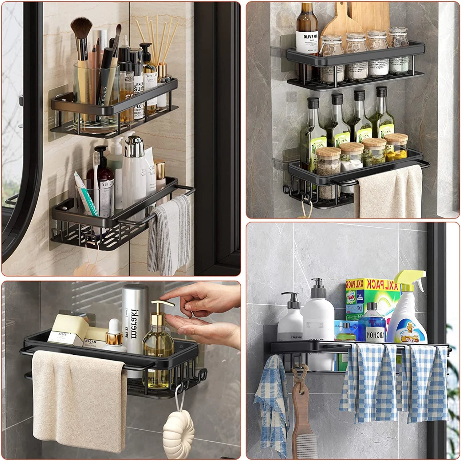 Shampoo Rack Single Tier Shelf No Drill Shelf Kitchen Storage Organizer (Silver)