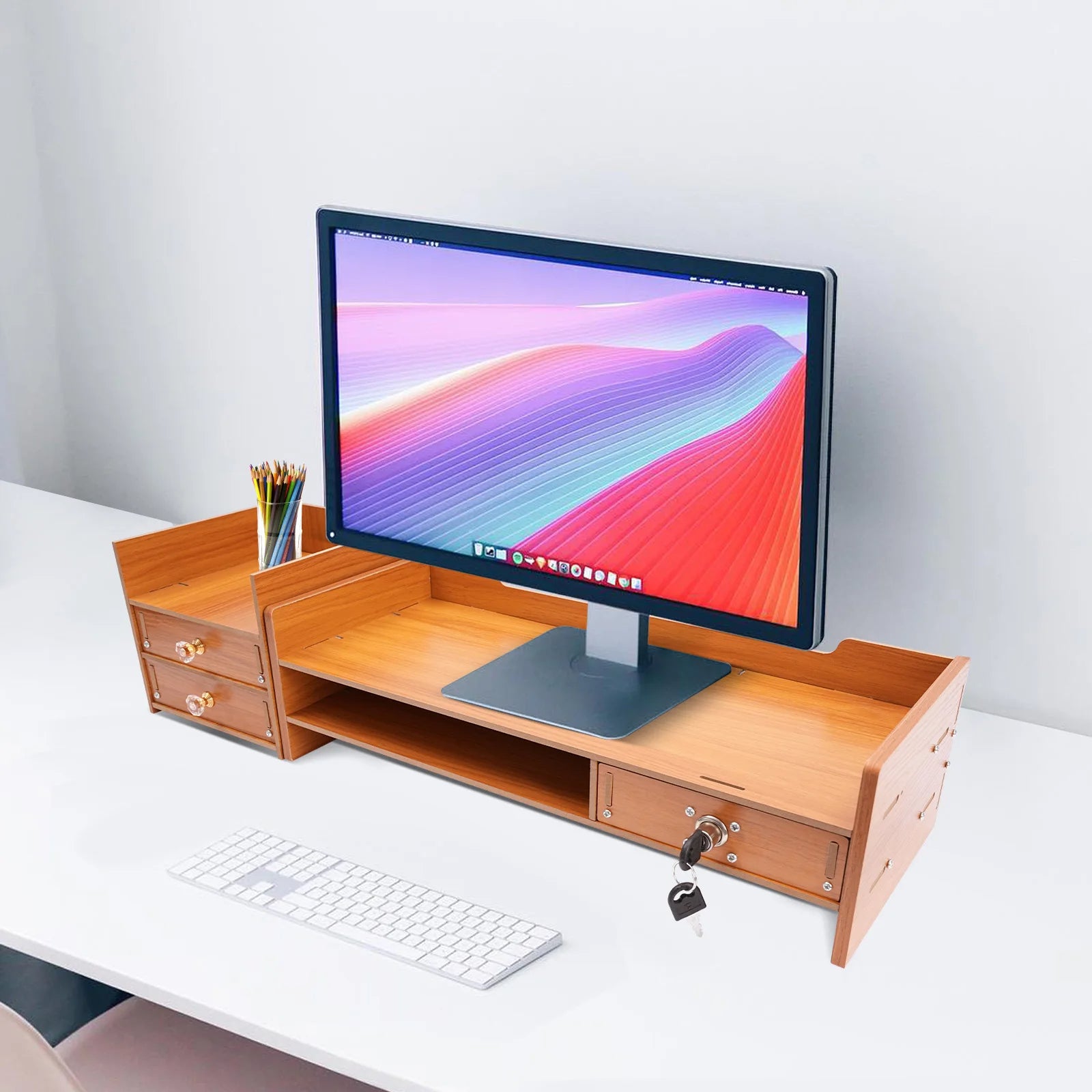 Ergonomic Wood Monitor Stand with Drawers Desk Organizer