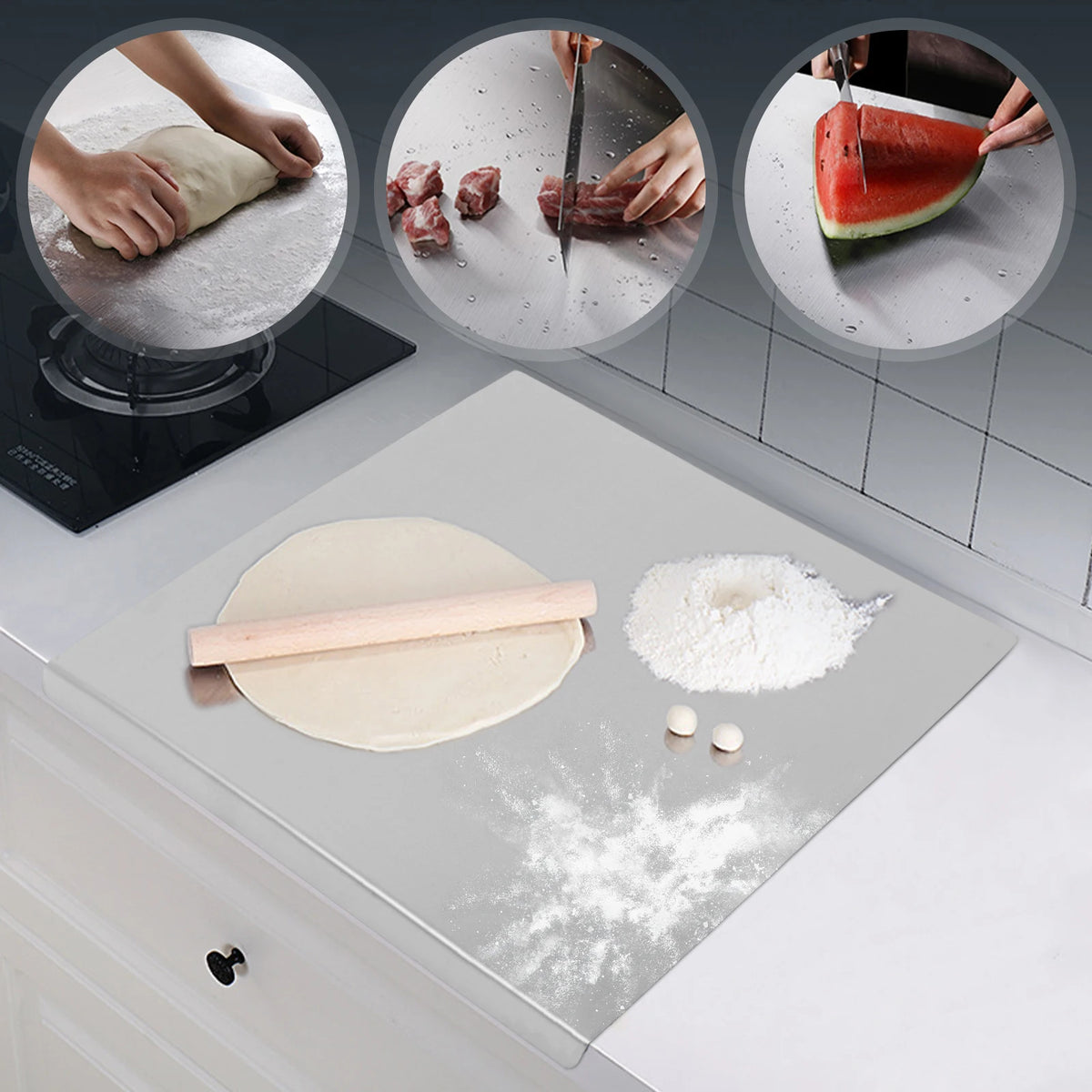 Stainless Steel Cutting Board with L-Shaped Folded Edge – Large Kitchen Chopping Board for Vegetables, Dough Kneading &amp; Countertop Protection