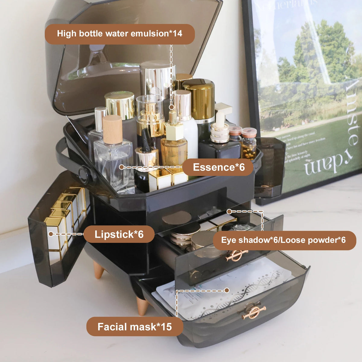 Portable Makeup Storage Organizer for Vanity (Black)