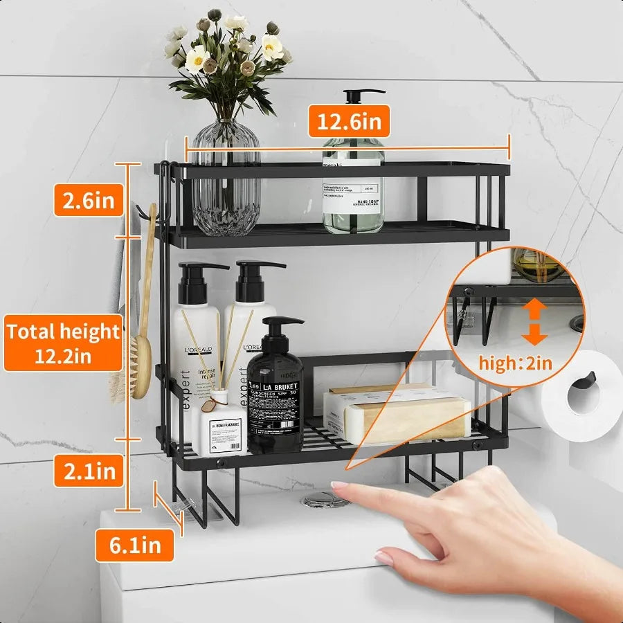 Modern 2-Tier Black Wall Shelf Space-Saving Bathroom and Over-Toilet Storage Organizer