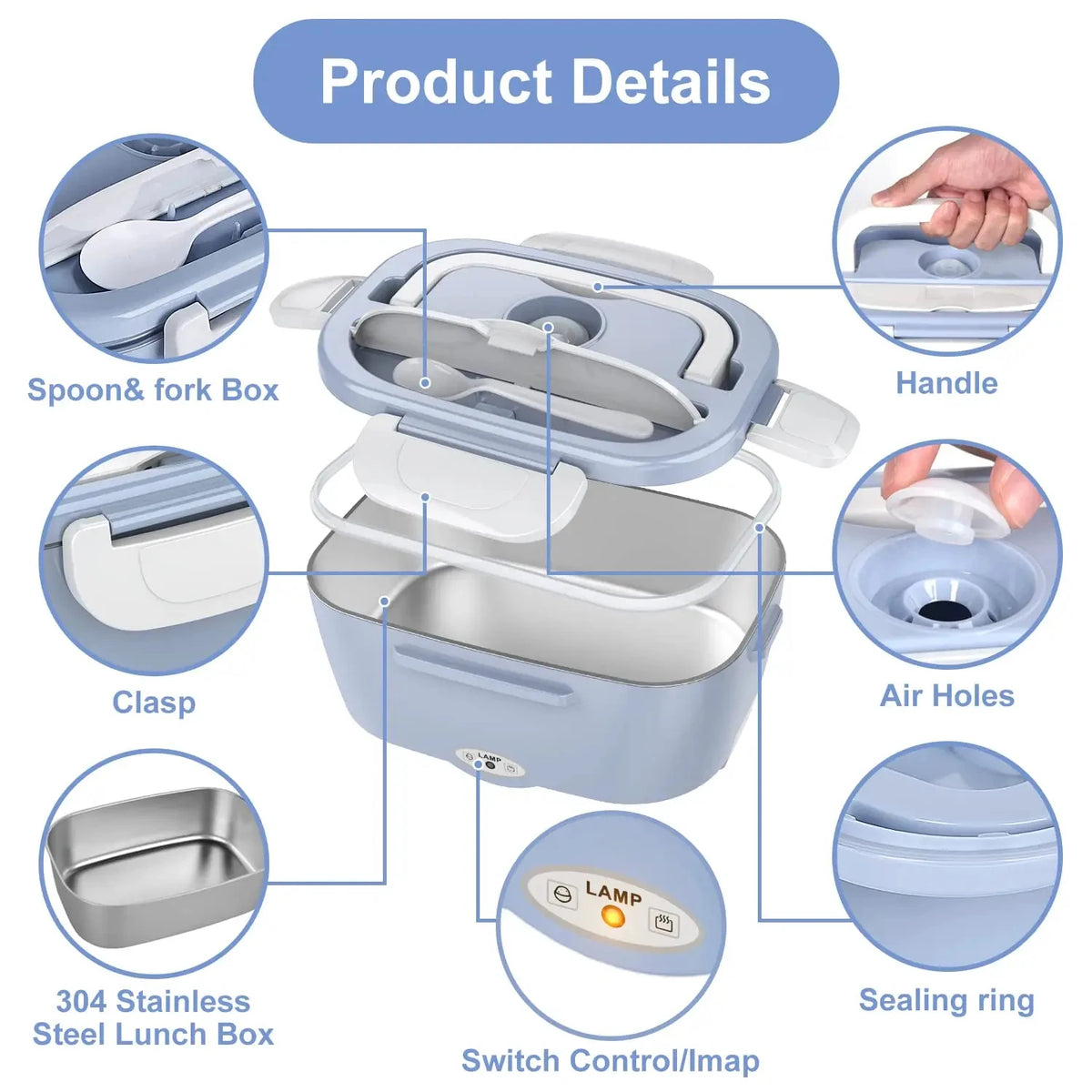 Portable Electric Lunch Box 1.5L Food Warmer (Sky Blue)