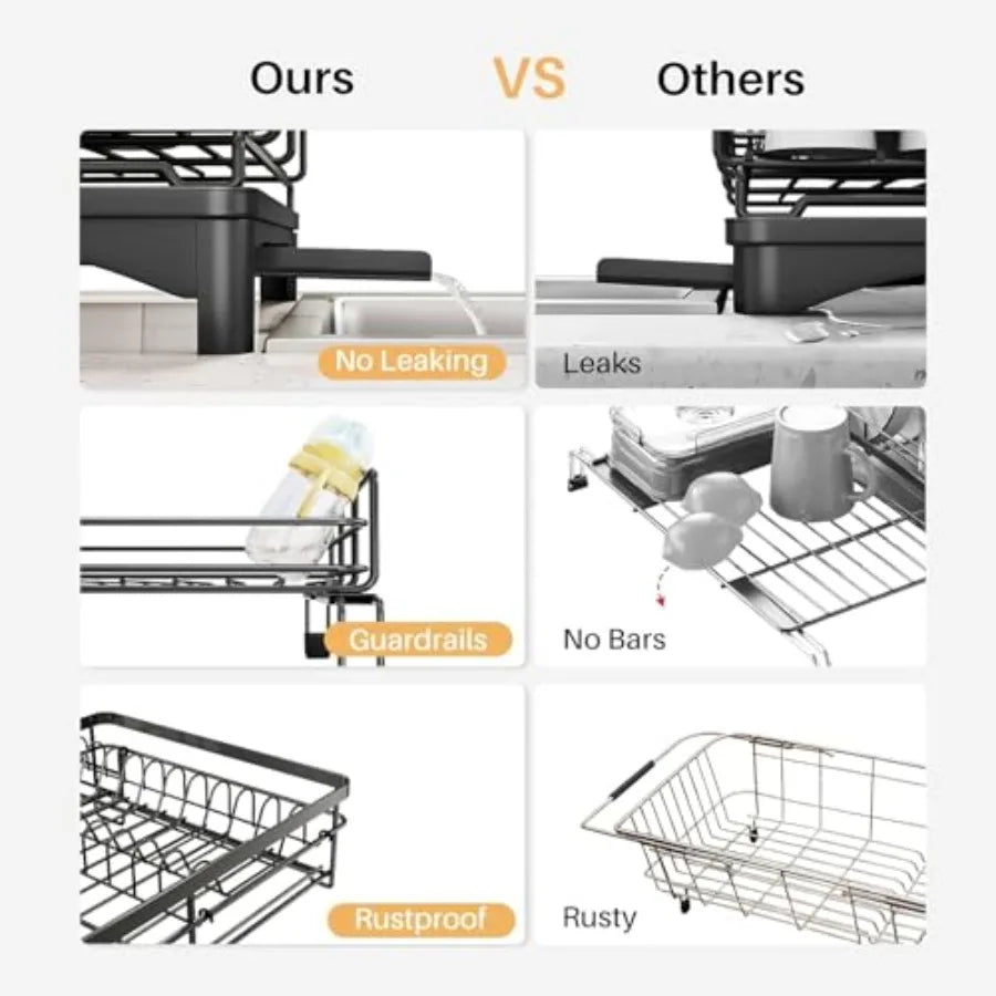 Space-Saving 2-in-1 Dish Drying Rack (Black Metal)