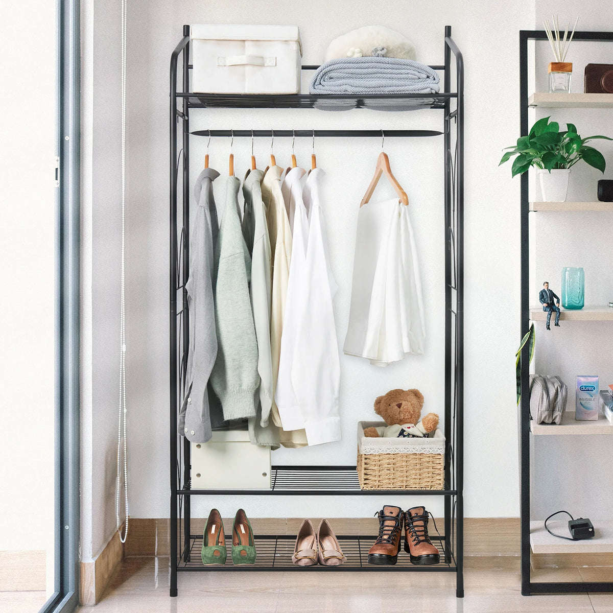 Metal Clothes Hanging Rail Garment Rack Shoe Storage Shelves