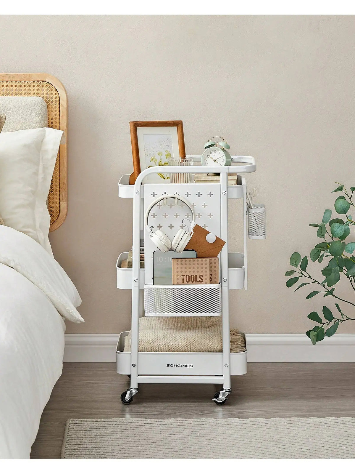 Rolling Utility Cart Metal Mesh 3-Tier Storage Shelves with Pegboards &amp; Hooks (White)