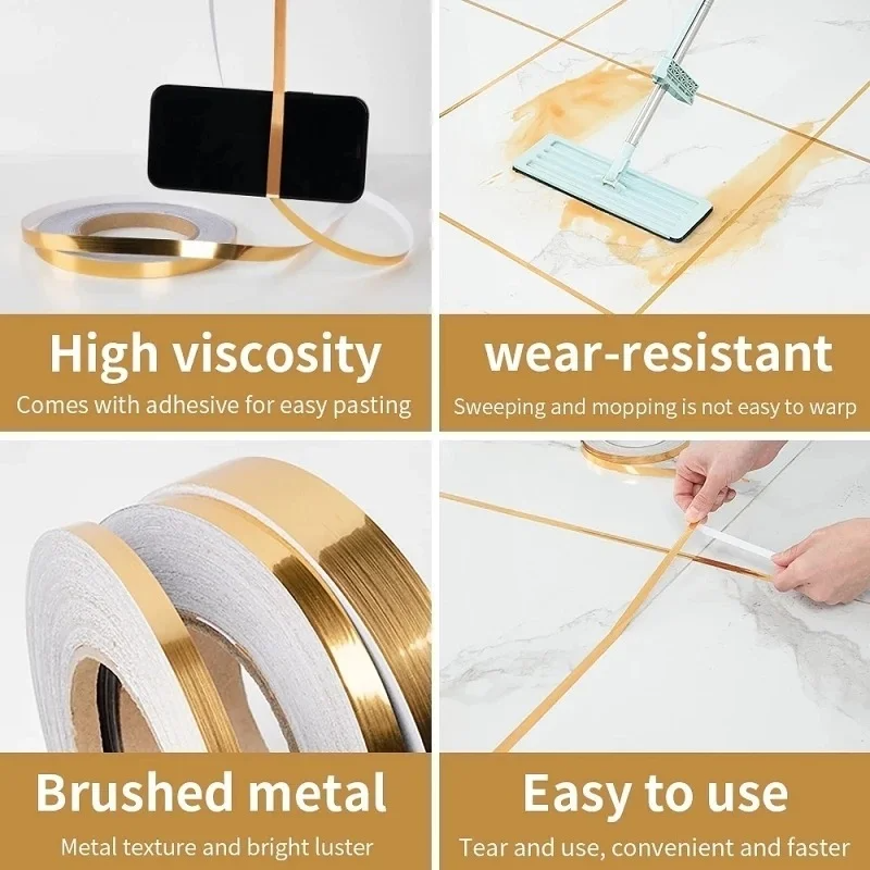 Brushed Gold Floor Edging Tape 50M, Waterproof Wall Gap Cover