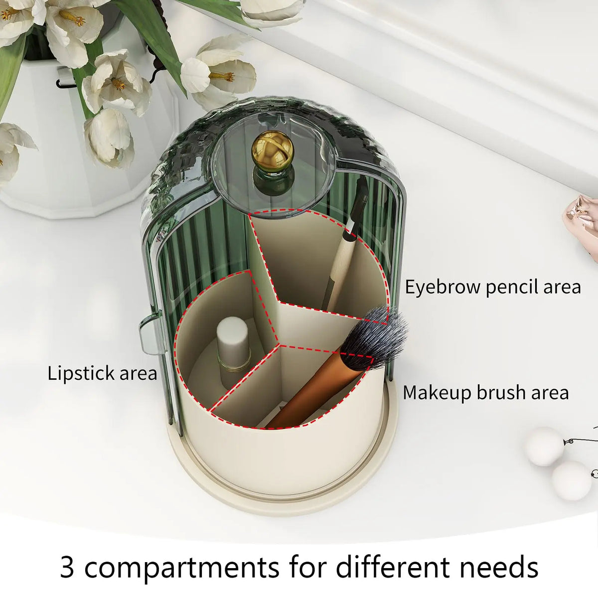 Rotating Makeup Brush Holder with Clear Lid and 3 Compartments (White)