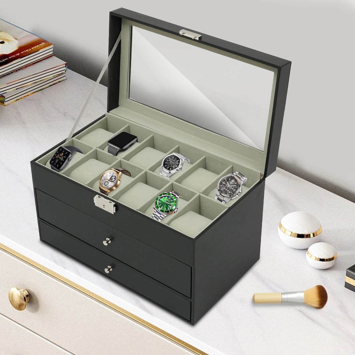 Desktop Jewelry Case with 12 Watch Slots (Black)