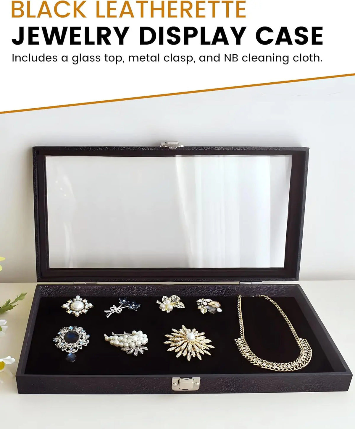 Glass Lid Black Leatherette Display Case Large Jewelry &amp; Collectibles Storage