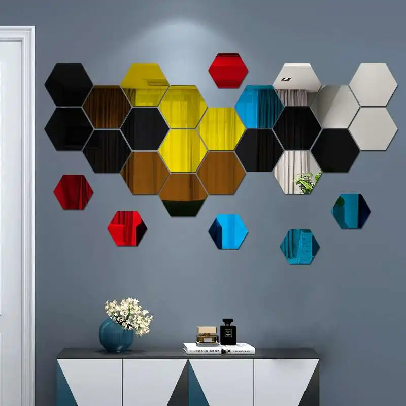 3D Hexagon Mirror Wall Sticker 12PCs DIY TV Background Living Room Stickers (Silver)