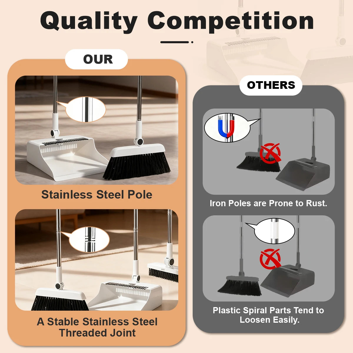 3-in-1 Cleaning Set Long-Handle Broom and Dustpan