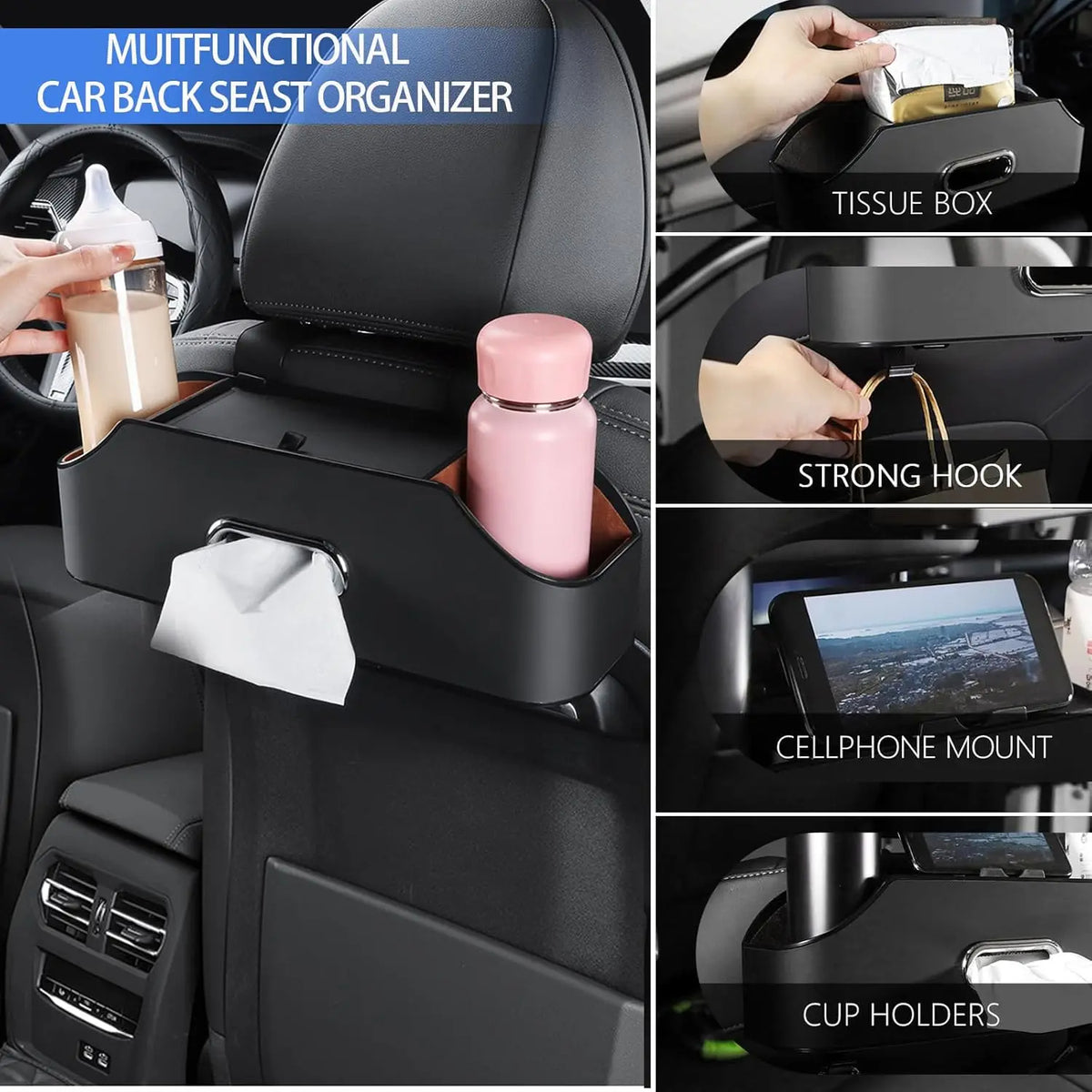 Multifunctional Car Back Seat Organizer for Travel Storage with Cup Holders