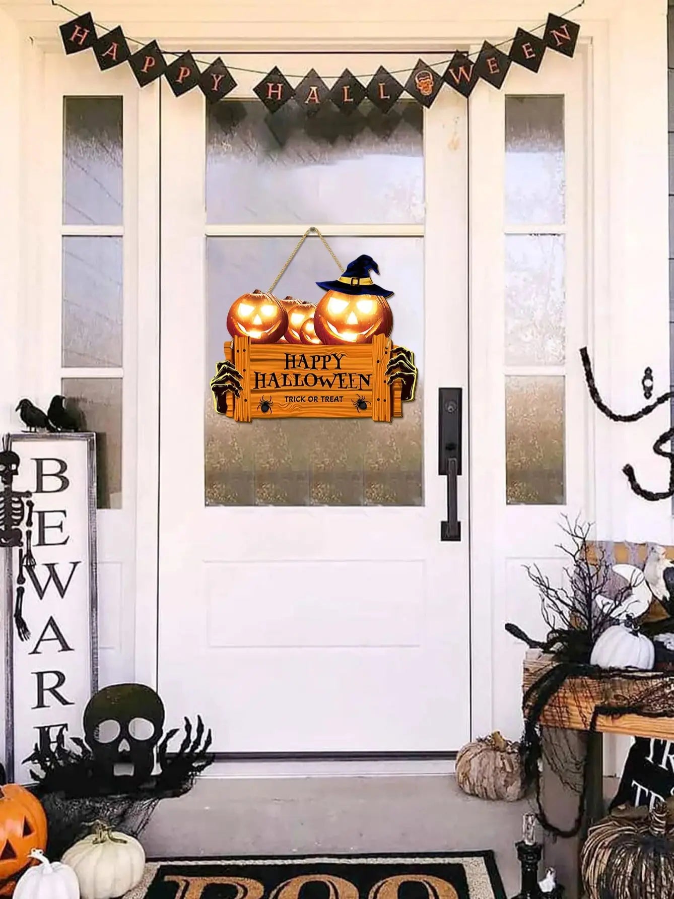 Happy Halloween Wooden Sign with Pumpkin Decor