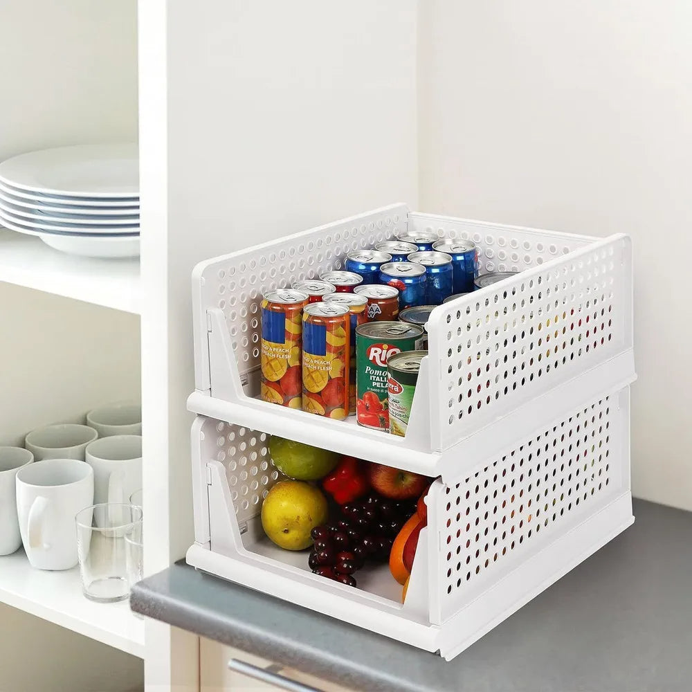 Stackable Folding Storage Bins 4-Pack Plastic Closet Organizers for Clothing Drawers (Gray)