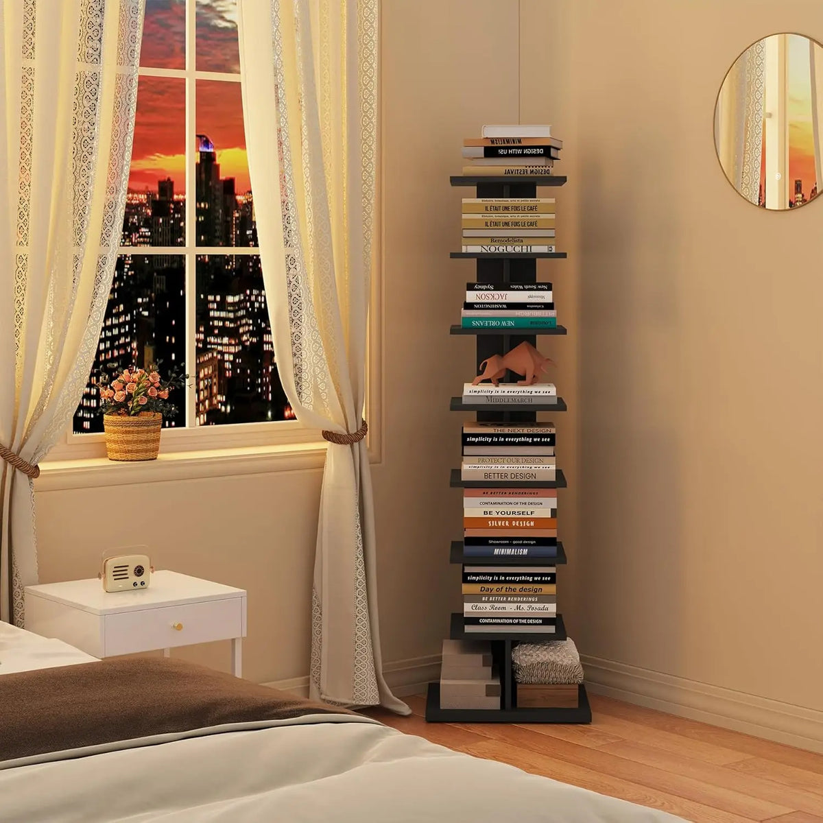 9-Tier Tree Bookshelf with Drawer Modern Book Storage (Black)