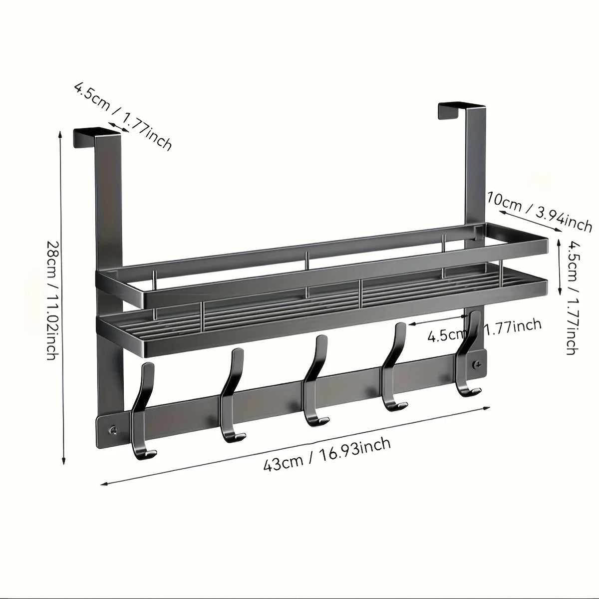 Multifunctional Metal 5-Hooks Over-the-Door Storage Rack (Gray)