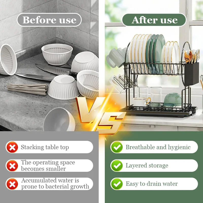 Double-Layer Dish Drainer with Utensil Holder for Kitchen Organization