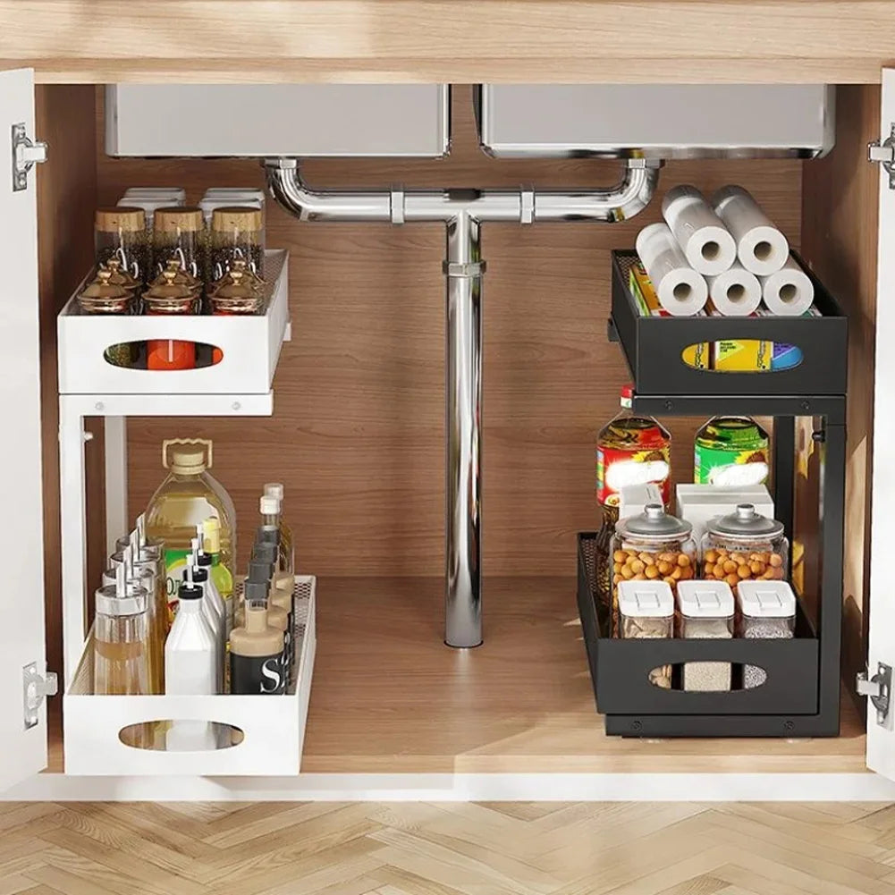 2-Tier Pull Out Cabinet Shelf Height Adjustable Under Sink Organizer (Black)
