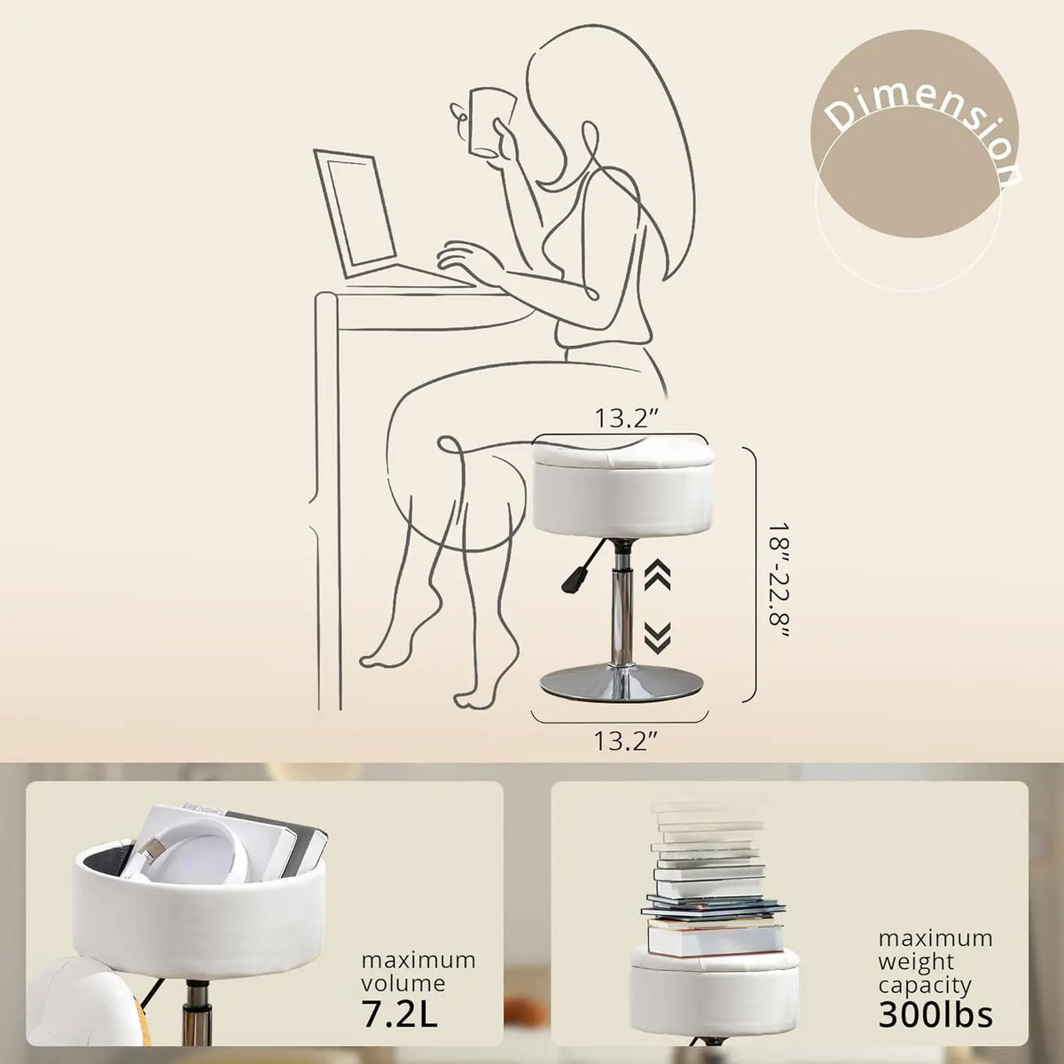 Faux Leather Vanity Chair with Storage Height Adjustable Makeup Stool (Black)