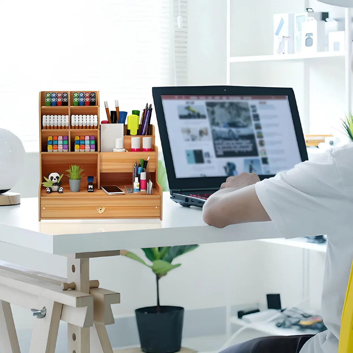 Wooden Desk Organizer with Drawer – Multi-Compartment Pen Holder and Stationery Storage Box for Office, Study Room &amp; Home