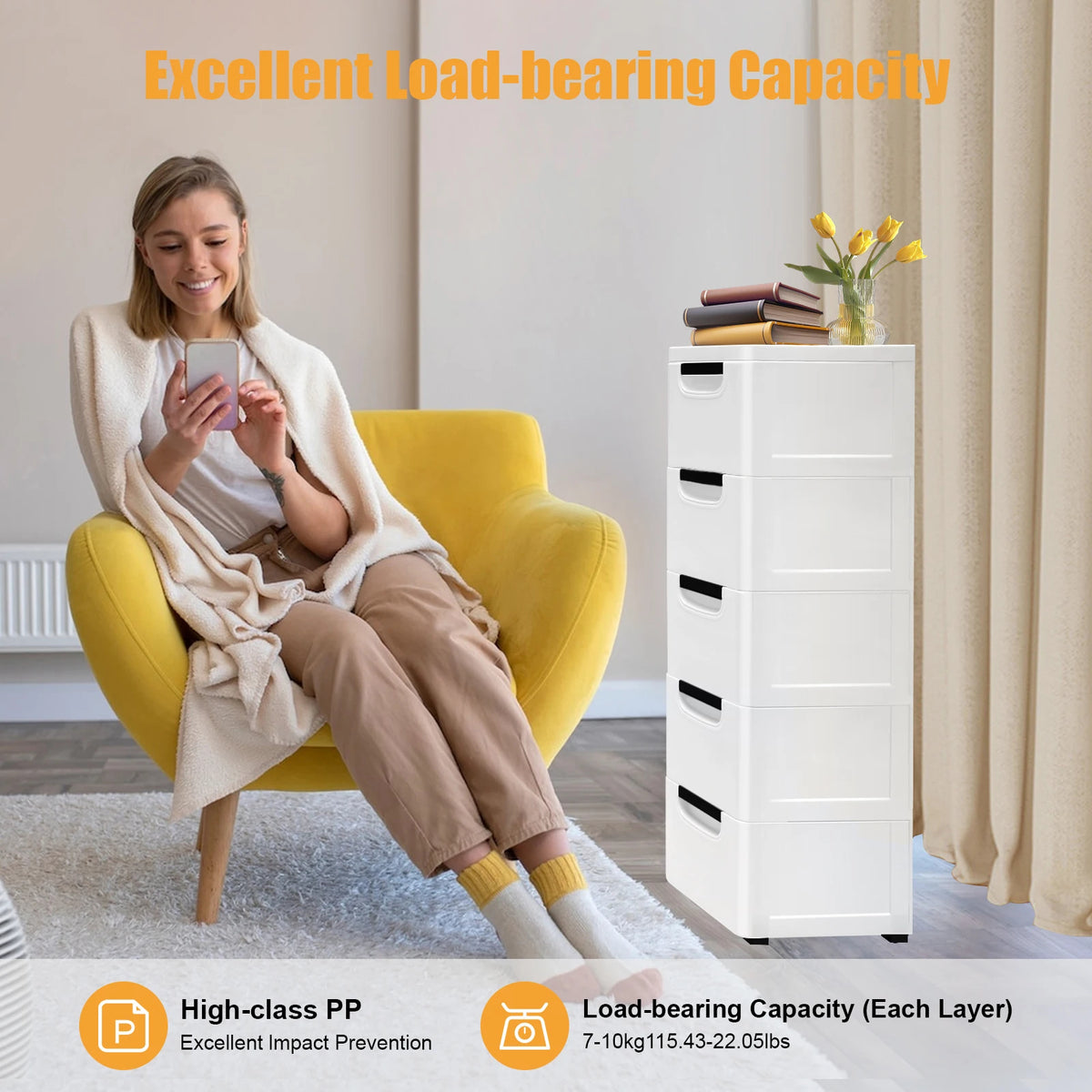 Plastic Storage Drawer Cabinet 5-Layer with Wheels (White)