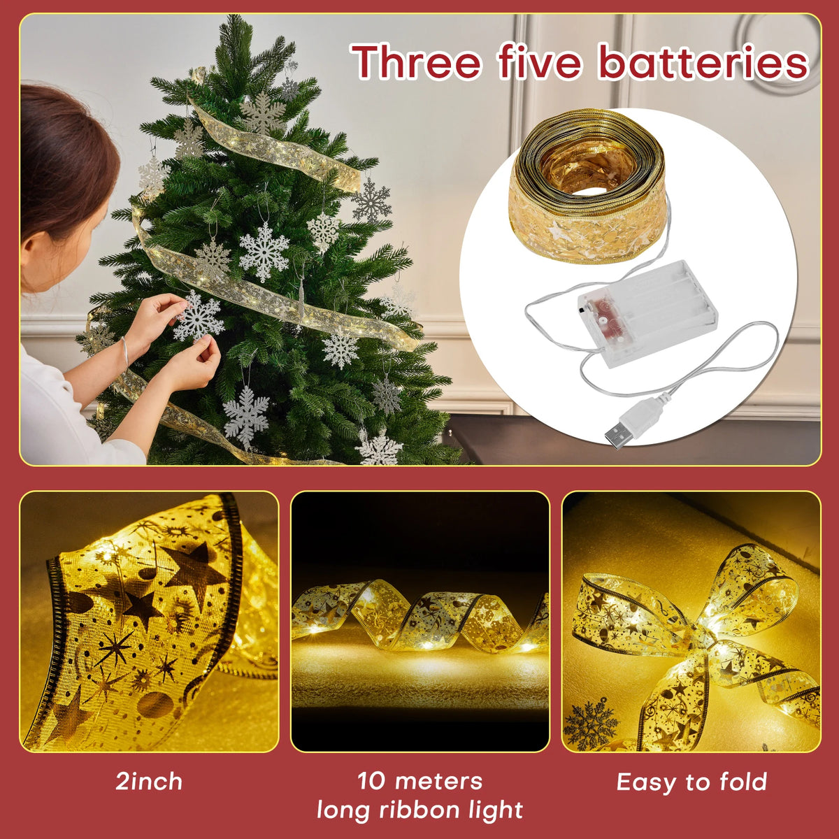 Christmas Tree Decoration Ribbon 100 LED String Lights 40ft