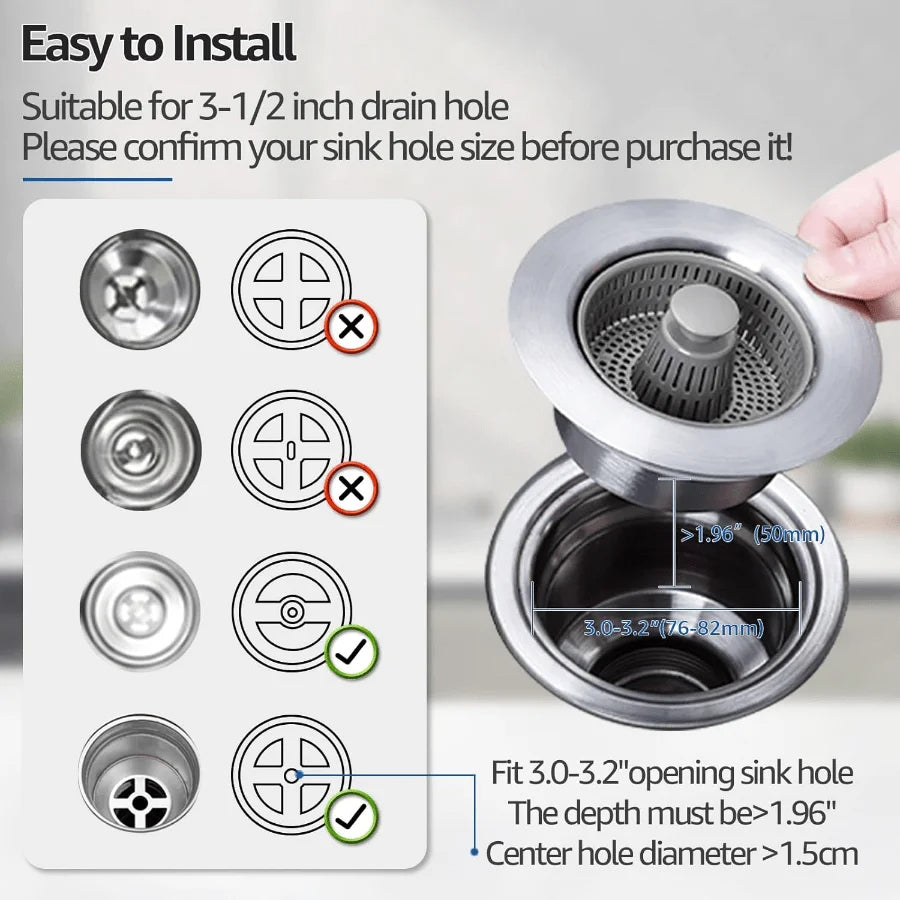 3 in 1 Kitchen Sink Strainer Plug Set Food Collector for US Drains