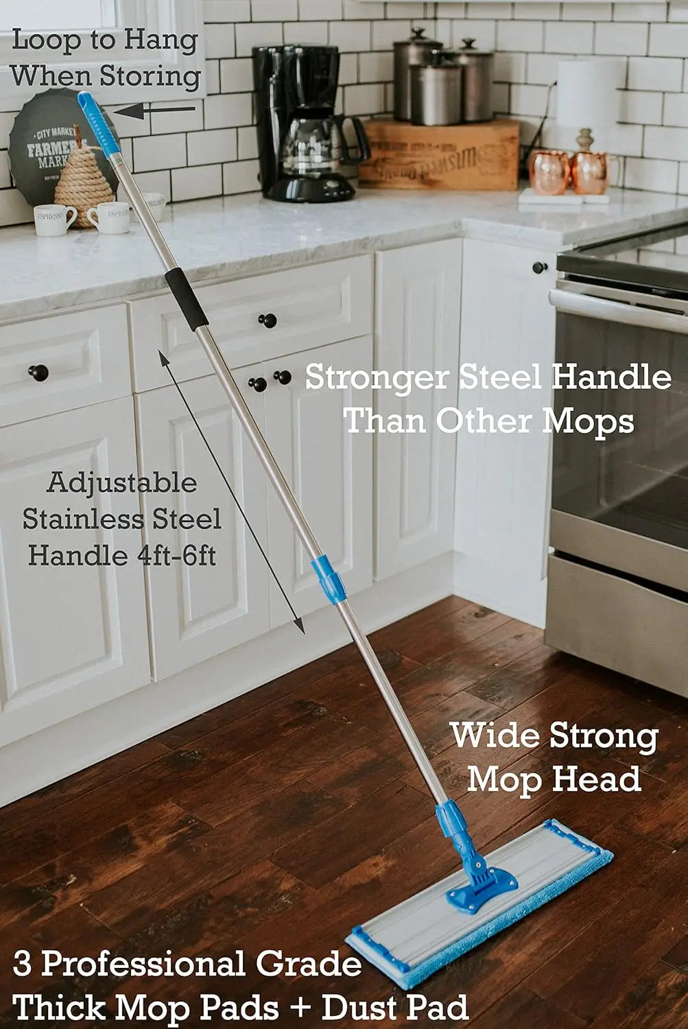 18" Large Microfiber Mop Extra Long Stainless Steel Handle for Floor Cleaning