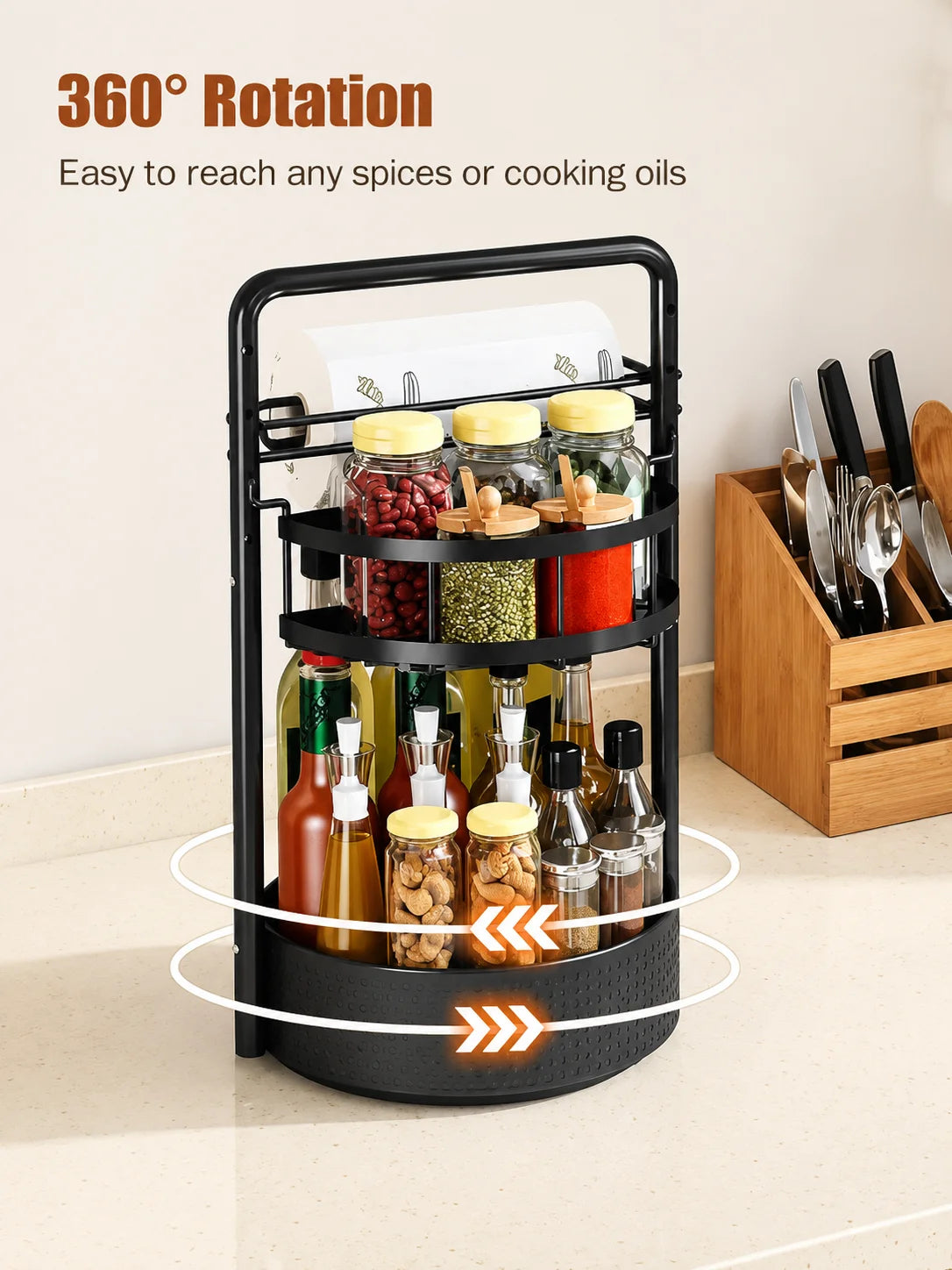 2-Tier Kitchen Countertop Organizer with Paper Towel Holder – Heavy-Duty Spice Rack for Sauce, Oil Bottles &amp; Kitchen Storage