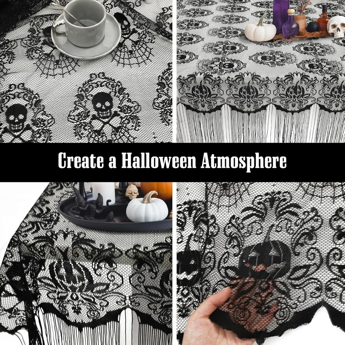 Halloween Black Lace Skull Tablecloth with Tassels