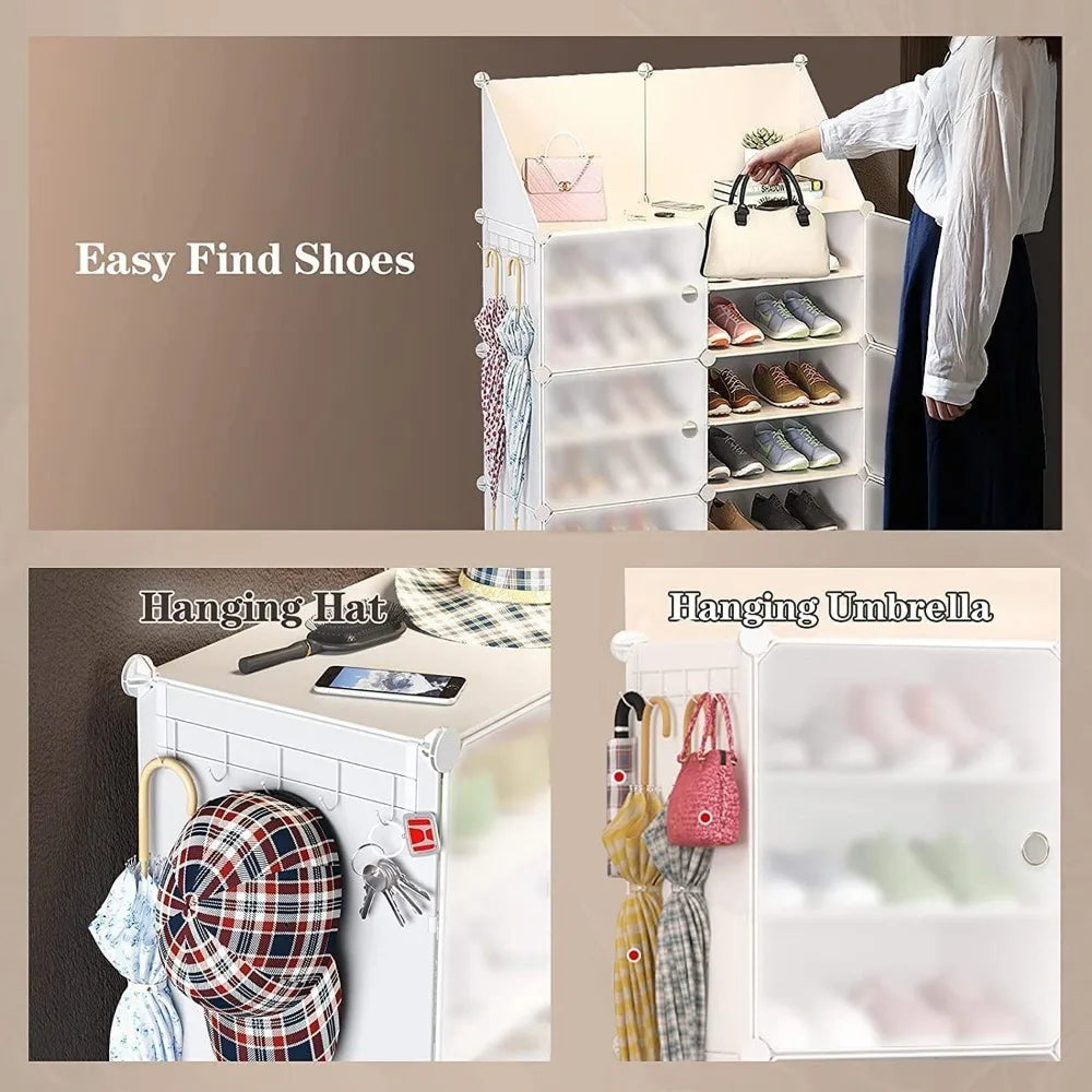 Portable Shoe Rack with Doors Large Capacity 32-64 Pair Storage (White)