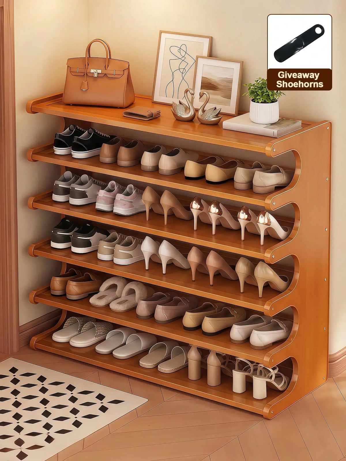 6-Tier Bamboo Shoe Rack – Space-Saving Freestanding Shoe Organizer Shelf with Elegant Arc Design for Closet, Entryway &amp; Home Storage